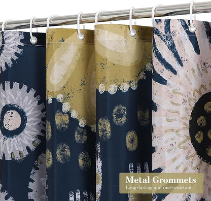 Boho Floral Shower Curtain, Dark Blue Botanical Fabric Curtain, 72 x 84 | Boho Chic Floral, Vintage Botanical, Modern Farmhouse, Eclectic Rustic, Colorful Flowers, Fabric Shower Curtain