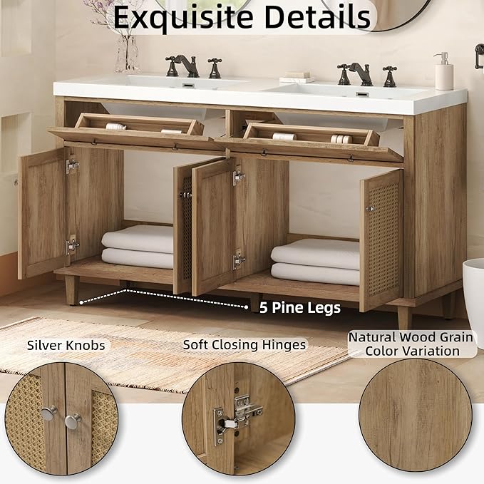 60 Inch Bathroom Vanity with Double Sink,Wood Color Doule Sink Vanity with 2 Tip-Out Trays & 4 Soft Closing Doors,Large Storage Space,Silver Knobs,Solid Wood Legs,Woven Rattan Doors Front