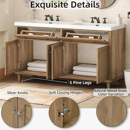 60 Inch Bathroom Vanity with Double Sink,Wood Color Doule Sink Vanity with 2 Tip-Out Trays & 4 Soft Closing Doors,Large Storage Space,Silver Knobs,Solid Wood Legs,Woven Rattan Doors Front
