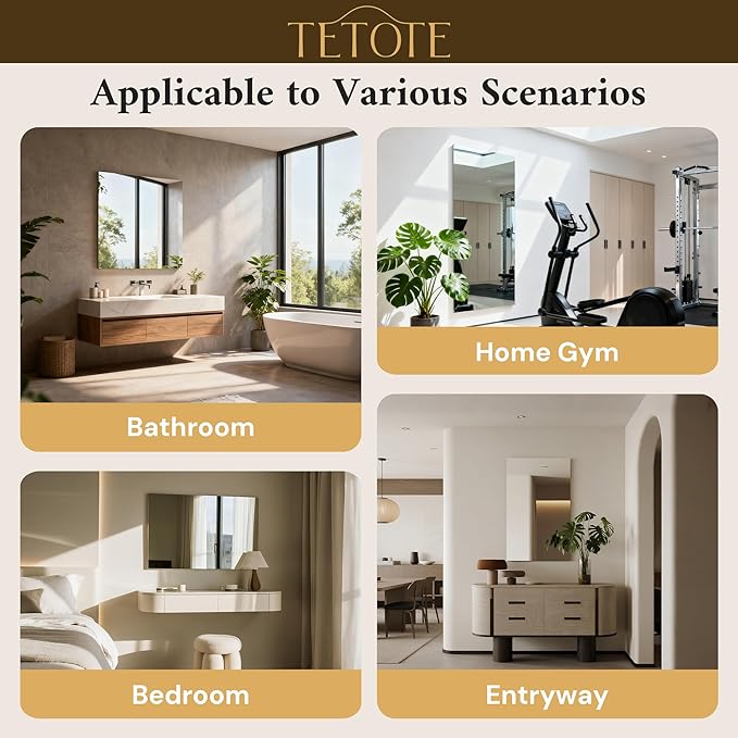 Frameless Mirror 42" x 36" Bathroom Vanity Mirror Wall Mounted 4mm Tempered Glass, Suitable for Bedroom, Entryway, Hallway, Gym, Vertically/Horizontally
