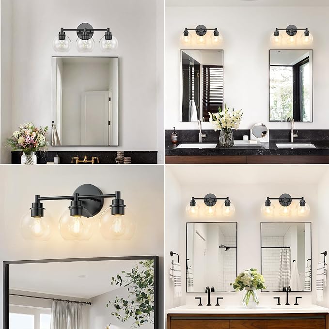 Bathroom Light Fixtures, Vanity Lights for Bathroom 3-Light Black, Bathroom Lighting Fixtures Over Mirror with Clear Glass Globe Shade, Bathroom Vanity Light for Living Room Kitchen Bedroom Hallway