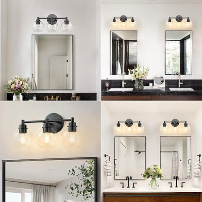 Bathroom Light Fixtures, Vanity Lights for Bathroom 3-Light Black, Bathroom Lighting Fixtures Over Mirror with Clear Glass Globe Shade, Bathroom Vanity Light for Living Room Kitchen Bedroom Hallway