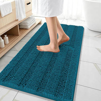OLANLY Thick Bathroom Runner Rugs 47x20, Chenille Bath Rugs, Peacock Blue | Absorbent Striped, Rubber Backing, Machine Wash, Long Bath Mats for Bathroom Floor, Tub and Shower, Home Decor Accessories
