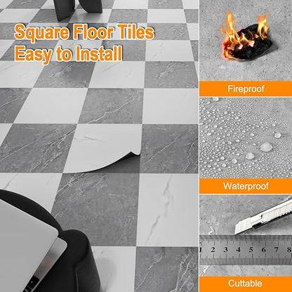 Peel and Stick Floor Tile 10-Pack 12 x 12 inch,Self-adhesive Waterproof Vinyl Flooring Plank for Bathroom,Kitchen, Dining Room, Bedrooms, Cover 10 Sq. Ft Grey & White Marble (5 Tiles per Color)