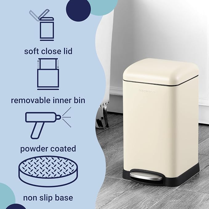 happimess Betty Retro Mini 3.2 Gal Step Trash Can, Limestone Beige | Soft-Close Lid, Removable Liner, Iron, Hands-Free Pedal, Satin Finish, Non-Skid Base, Built-In Damper, Modern, Minimalistic