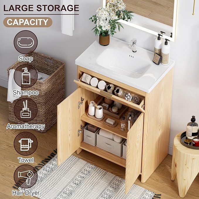 Bathroom Vanity with Sink, 24 Inch Single Bathroom Vanity with Sink with Storage Cabinet for Small Space, Freestanding Storage Bathroom Vanity with 2 Soft Closing Cabinets, Nature Wood