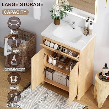 24 Inch Bathroom Vanity with Sink, Bathroom Cabinet Vanity for Small Space, Freestanding Storage Bathroom Vanity with 2 Soft Closing Cabinets, Nature Wood