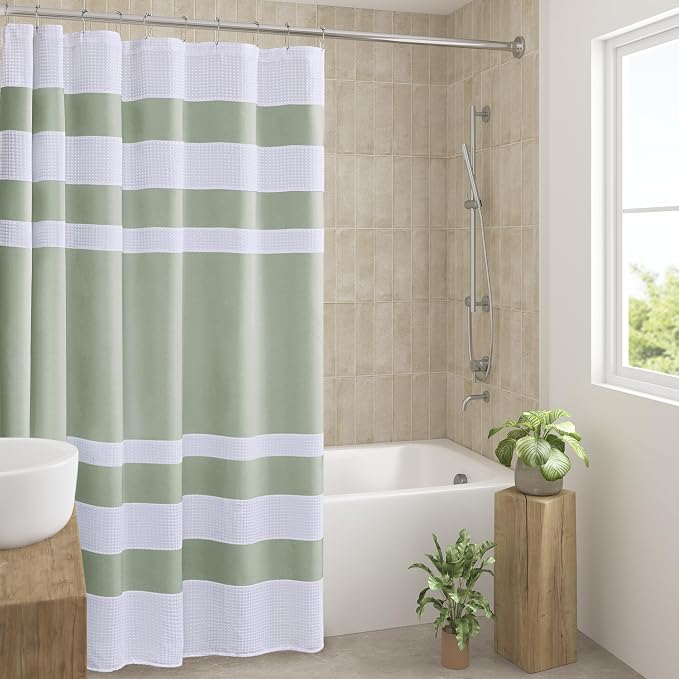 Madison Park Spa Waffle Extra Wide Shower Curtain, 108 x 72, Sage Green | Striped, Pieced Fabric Design, 3M Scotchgard Moisture Management, Hotel Quality, Modern, for Bathroom, OEKO-TEX Certified
