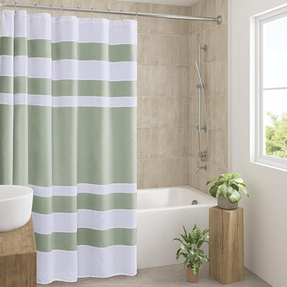 Madison Park Spa Waffle Extra Wide Shower Curtain, 108 x 72, Sage Green | Striped, Pieced Fabric Design, 3M Scotchgard Moisture Management, Hotel Quality, Modern, for Bathroom, OEKO-TEX Certified