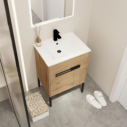 SSLine 2-in-1 Wall Mounted & Free Standing Bathroom Vanity with Sink Modern 24" Bathroom Vanity with Top Basin&Storage Cabinet Brown Oak Wood Bath Vanity w/Ceramic Sink for Small Space-Legs Removable