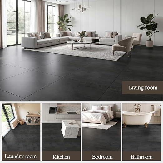 DEXDE Peel and Stick Floor Tile Black Waterproof Vinyl, 2FTx2FT 10 PC | Waterproof Self-adhesive Vinyl Tiles, 40 Sq.Ft (10 Large 24"x24" PC), Vinyl Flooring for Bathroom Kitchen DIY Upgrades
