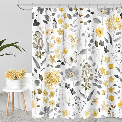 Yellow Floral Shower Curtain, Yellow Grey Cute Flower Fabric Shower Curtain for Bathroom, Watercolor Wildflower Butterfly Cloth Shower Curtain Set with Hooks, 72x72