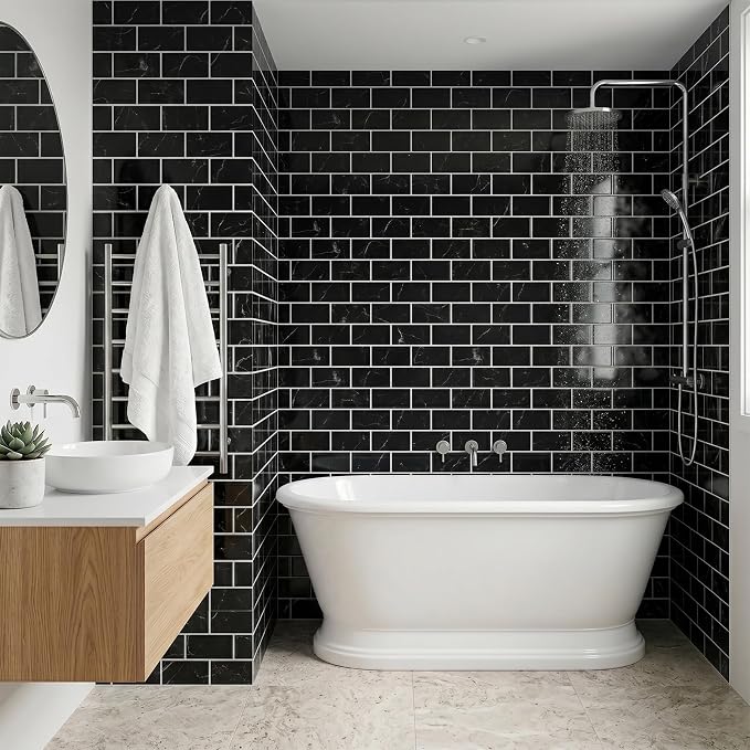 Arttown Peel and Stick 3D Wall Backsplash, 10-Sheet, 12" × 12" Black | Subway Tile Self Adhesive Thicker Design Wall Tiles Panel Wallpaper for Kitchen Bathroom Balcony Rental Housing