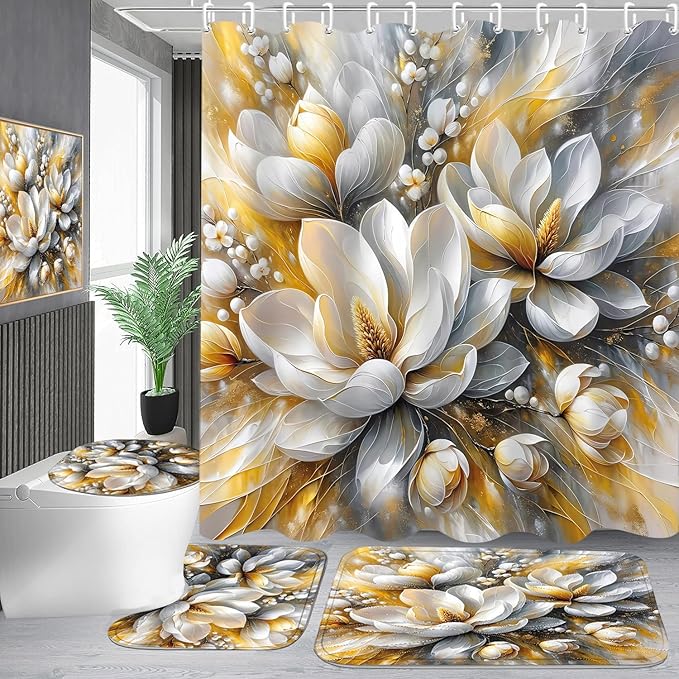 4-Piece Magnolia Flowers Shower Curtain Set Dreamy Beauty Bathroom Set with Shower Curtain and Rugs, Gold White and Gray Bath Curtain with Hooks for Home Decor