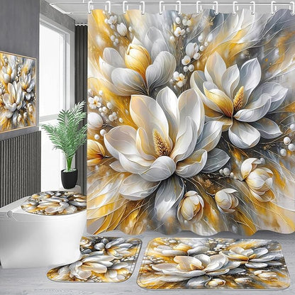 4-Piece Magnolia Flowers Shower Curtain Set Dreamy Beauty Bathroom Set with Shower Curtain and Rugs, Gold White and Gray Bath Curtain with Hooks for Home Decor