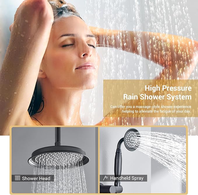 DASAN Rain Shower System Complete Antique Shower Faucet Sets, Shower Fixtures Combo with Pressure Balance Valve, Trim Kit, 9’’ Rainfall Overhead Shower & Handheld, Color Matte Black AT209C-BK