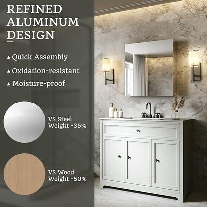 24x26 Bathroom Medicine Cabinet with Mirror,Aluminum Alloy Frame with Mirror Side Panels,Surface or Recessed Medicine Cabinet,Assembly Required,Adjustable Shelves