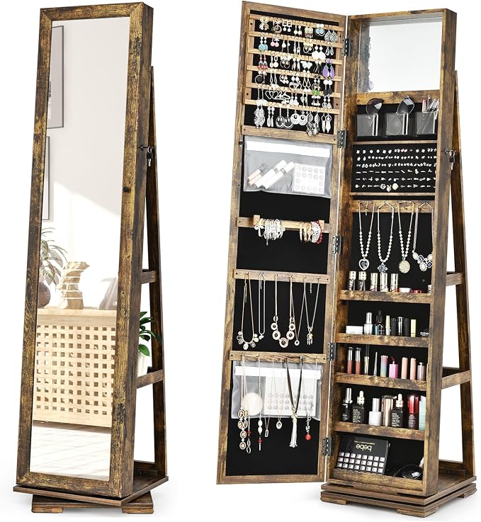 LOKO 360° Rotating Jewelry Armoire, Freestanding Jewelry Cabinet with Inside Makeup Mirror, 2-in-1 Lockable Jewelry Organizer w/Full-Length Mirror for Women (Rustic Brown)