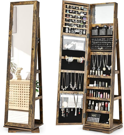 LOKO 360° Rotating Jewelry Armoire, Freestanding Jewelry Cabinet with Inside Makeup Mirror, 2-in-1 Lockable Jewelry Organizer w/Full-Length Mirror for Women (Rustic Brown)