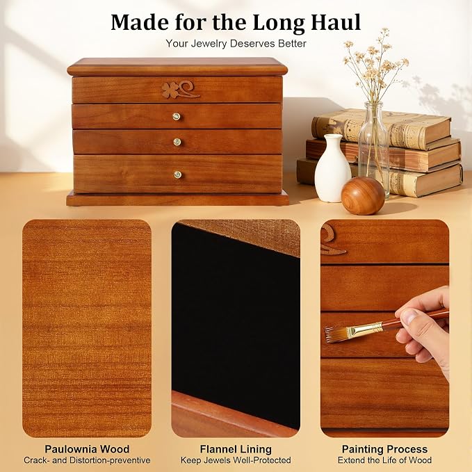 Large Wooden Jewelry Box with Mirror, 4 Layers Jewelry Organizer with 3 Drawers, Watches Necklace Ring Storage Box for Women