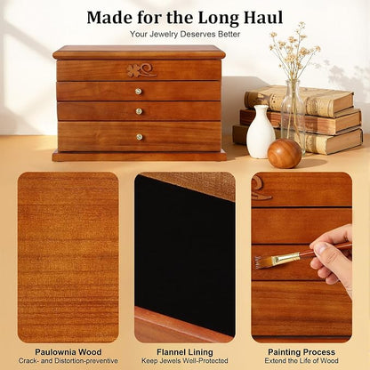 Large Wooden Jewelry Box with Mirror, 4 Layers Jewelry Organizer with 3 Drawers, Watches Necklace Ring Storage Box for Women