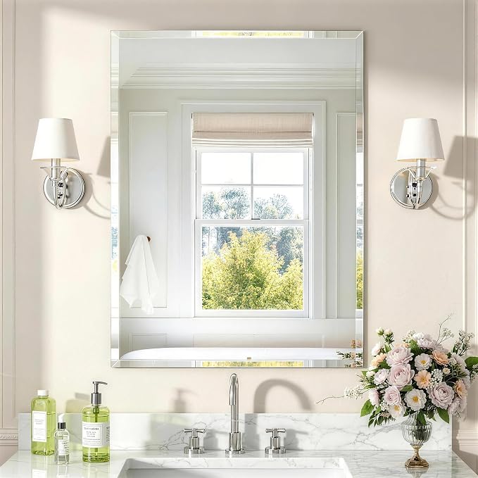 24x32 Inch Bathroom Mirrors for Over Sink, Frameless Mirrors for Wall | Beveled Bathroom Mirror, Bathroom Vanity Mirror for Bedroom Living Room Entryway Home Decor