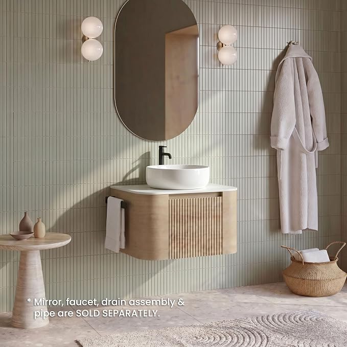 24" Preassembled Floating Bathroom Vanity with Round Sink, Oak | Mid-Century Modern Style, Fluted & Soft-Close Drawer with U-shaped Wall, Sinterted Stone Countertop, Towel Rack Included