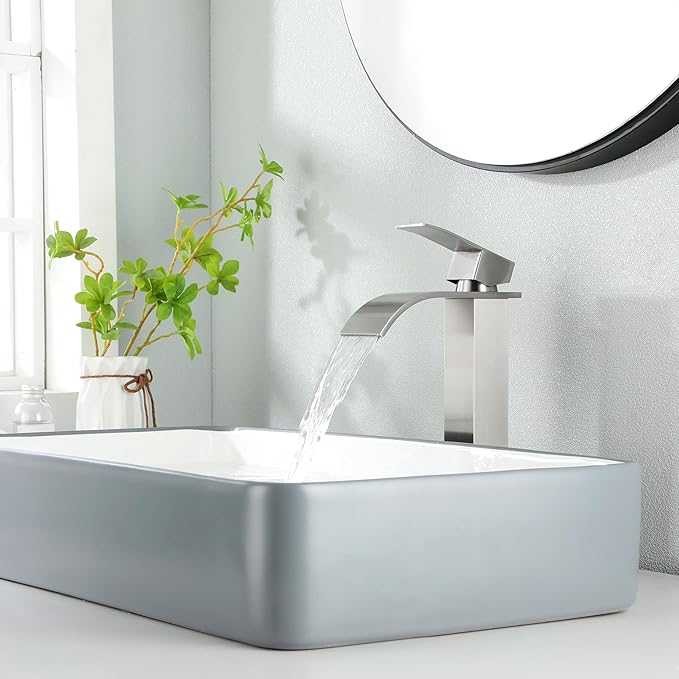 Vessel Sink Bathroom Faucet, Brushed Nickel Single Hole Waterfall Sink Faucets with Supply Hose and Pop Up Drain, Tall Waterfall Faucet for Bathroom Sink, JXM1221BN