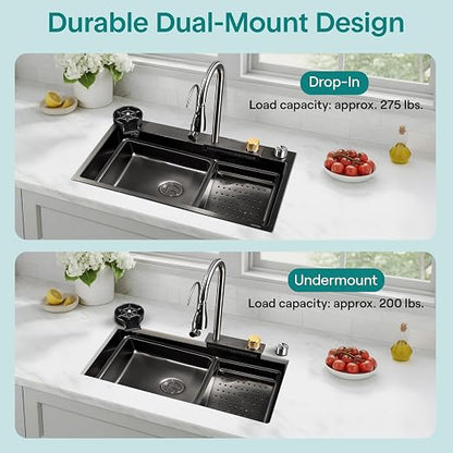 SereneLife Stainless Steel Kitchen Sink | Undermount & Drop-In Installation |13 Gauge & 30"L x 18"W x 9"H IN | Includes Faucet, Drain Rack, Strainer Basket, Cutting Board & Cup Washer | Black