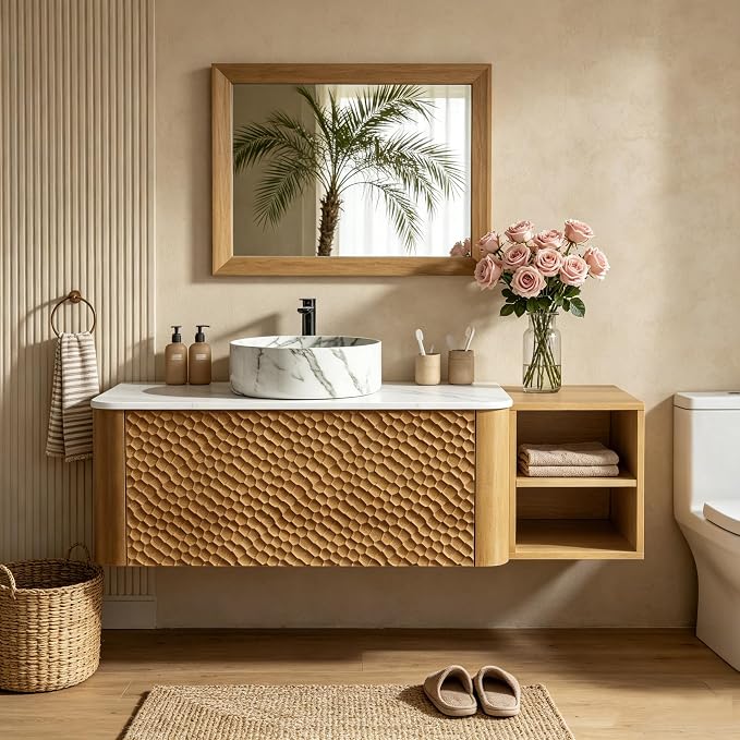 48 Inch Modern Bathroom Vanity with Ceramic Sink, Floating Bathroom Sink Cabinet with Sintered Stone Top&Solid Wood Hammered Frame, Single Bathroom Vanities w/Soft-Close Drawer&IDE Open Cube