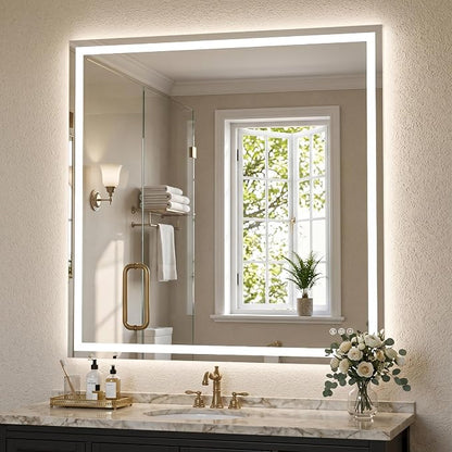 Antok 36x36 LED Bathroom Mirror with Lights, Backlit + Front Lit Vanity Mirror with CRI>90, Dimmable Anti-Fog Smart Mirror with Memory Function, 3 Color Temperatures, Shatterproof Tempered Glass, ETL
