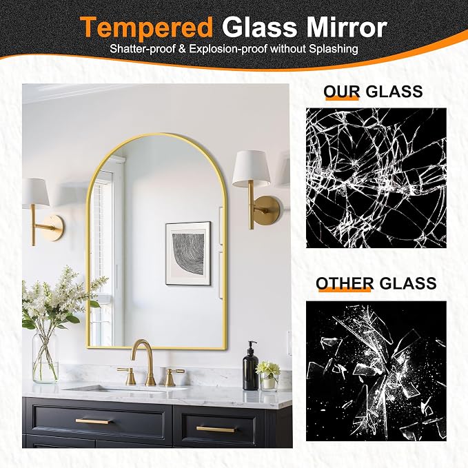 Arched Bathroom Mirror, 26"x38", Gold | Wall Mounted, Vanity Mirror, For Bedroom, Living Room and Entryway