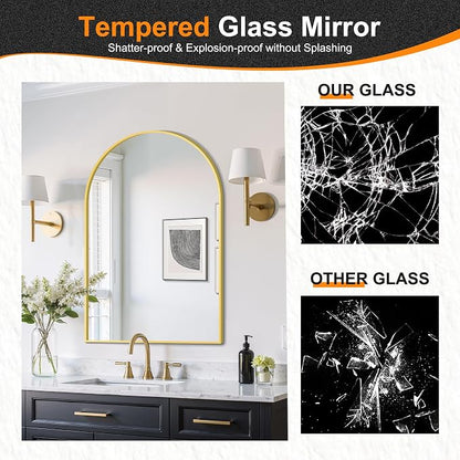 Arched Bathroom Mirror, 26"x38", Gold | Wall Mounted, Vanity Mirror, For Bedroom, Living Room and Entryway