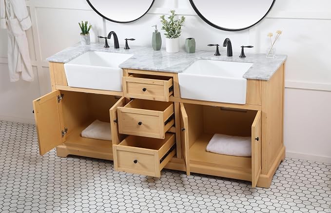 72" Pre-Assembled Bathroom Vanity with Sink, Solid Birch and MDF, Carrara White Marble Countertop Attached, Double Rectangle Porcelain Sink, 3 Soft-Close Drawers, Natural Wood