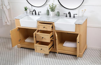 72" Pre-Assembled Bathroom Vanity with Sink, Solid Birch and MDF, Carrara White Marble Countertop Attached, Double Rectangle Porcelain Sink, 3 Soft-Close Drawers, Natural Wood