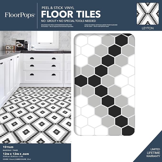 FloorPops FP2950 Leyton Peel & Stick Floor Tiles, Black