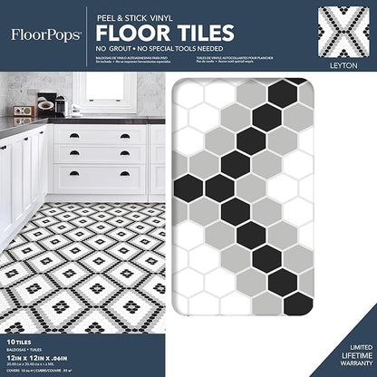 FloorPops FP2950 Leyton Peel & Stick Floor Tiles, Black
