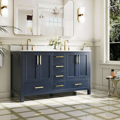 60-Inch Bathroom Vanity with Sink, Bathroom Freestanding Vanity W/ 4 Doors and 6 Drawers, Solid Wood Cabinet Vanity with Cultured Marble Countertop, Navy Blue Vanity& Brushed Gold Handles
