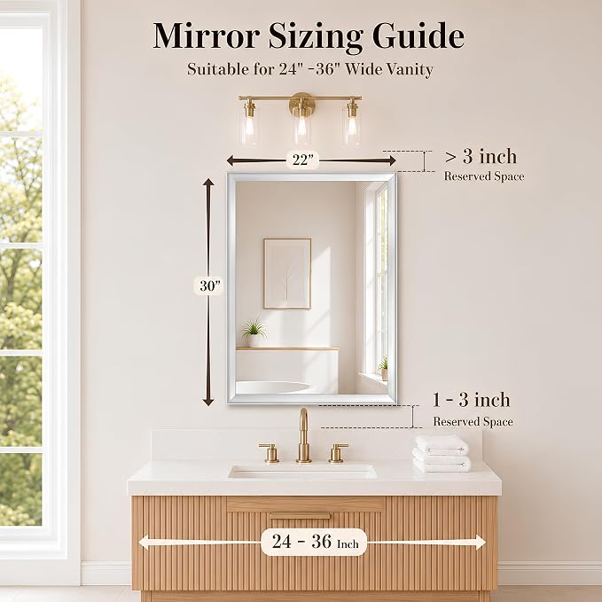 Brushed Nickel Bathroom Mirrors for Over Sink 22x30 Inch | Curved Aluminum Frame Rectangle Vanity Mirror for Bedroom Entryway, HD Tempered Glass, Anti-Rust, Horizontal or Vertical
