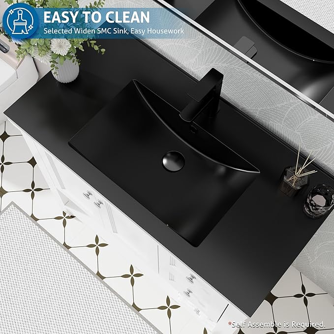 eclife 36" Bathroom Vanity with Sink Combo, Modern Painted Vanities Cabinet w/Wide Opening Storage Shelf, 2 Drawers, Soft Closing Doors and Undermount Black Sink Faucet Drain, White