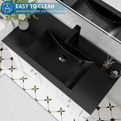 eclife 36" Bathroom Vanity with Sink Combo, Modern Painted Vanities Cabinet w/Wide Opening Storage Shelf, 2 Drawers, Soft Closing Doors and Undermount Black Sink Faucet Drain, White