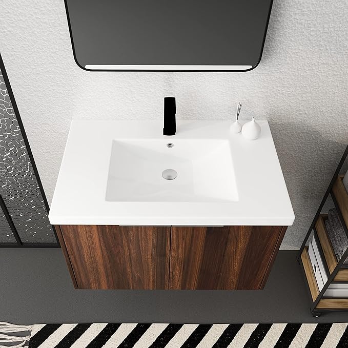 Henf 30inch Floating Bathroom Vanity Cabinet with Sink Combo, Modern Wall Mounted Solid Wood Cabinet with White Gel Basin Sink Bathroom Storage Cabinet with 2 Soft Close Doors
