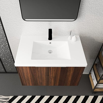 Henf 30inch Floating Bathroom Vanity Cabinet with Sink Combo, Modern Wall Mounted Solid Wood Cabinet with White Gel Basin Sink Bathroom Storage Cabinet with 2 Soft Close Doors