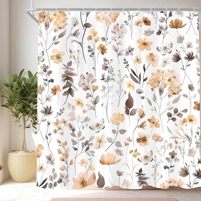 Cute Floral Orange Flower Watercolor Wildflower Bathroom Shower Curtain Set | 72"W x 72"H Butterfly Plants; waterproof HD print, quick-dry fabric and plastic hooks for easy setup.