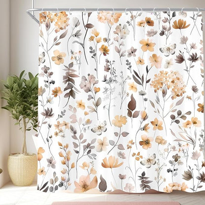 Cute Floral Orange Flower Watercolor Wildflower Bathroom Shower Curtain Set | 72"W x 72"H Butterfly Plants; waterproof HD print, quick-dry fabric and plastic hooks for easy setup.