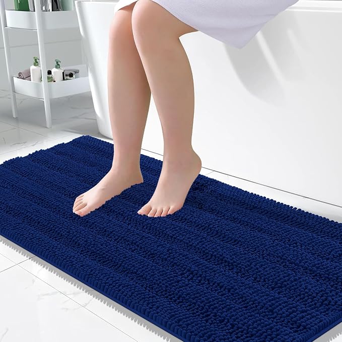 OLANLY Thick Large Bathroom Rugs 50x30, Soft Chenille Bath Rugs, Navy | Absorbent Striped, Rubber Backing, Machine Wash Dry, Bath Mats for Bathroom Floor, Tub and Shower, Home Decor Accessories