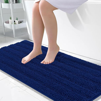 OLANLY Thick Large Bathroom Rugs 50x30, Soft Chenille Bath Rugs, Navy | Absorbent Striped, Rubber Backing, Machine Wash Dry, Bath Mats for Bathroom Floor, Tub and Shower, Home Decor Accessories