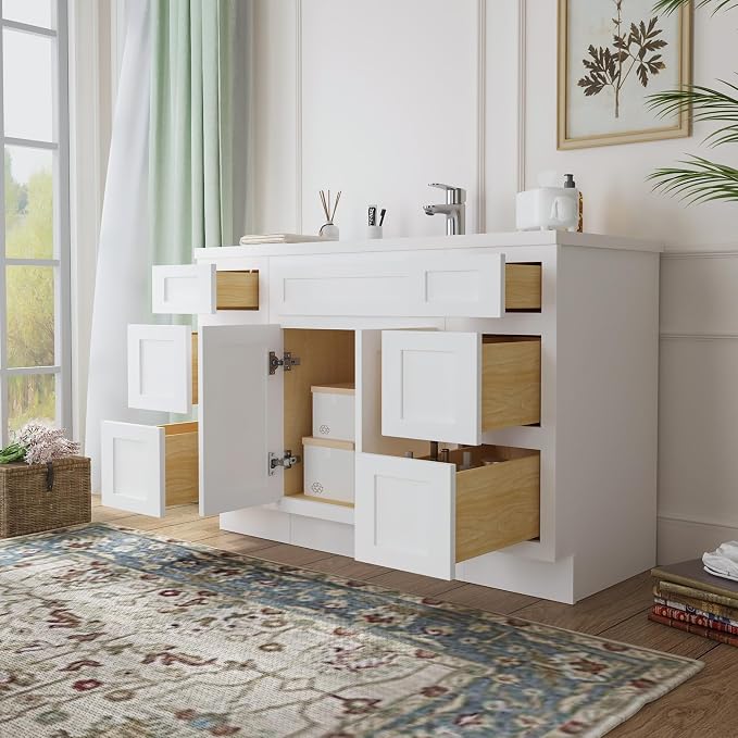 54 Inch Bathroom Vanity Base Only, Single Vanity Cabinet with Dove-Tailed Drawers, Soft-Closing Doors, White, Without Top,Small