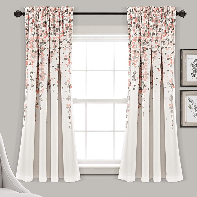 Lush Decor Weeping Flower Light Filtering Window Curtain Panels, Pair, 52"W x 63"L + 2" Header, Blush & Gray - Charming Modern Floral Curtains for Living Room, Dining Room, & Bedroom