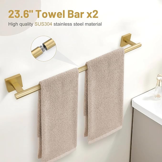 Lairuier 10-Piece Brushed Gold Bathroom Accessories, Towel Bar Set | Bathroom Hardware Set Includes SUS304 23.6" Towel Bar, Towel Ring, Toilet Paper Holder and Towel Hooks Wall Mounted